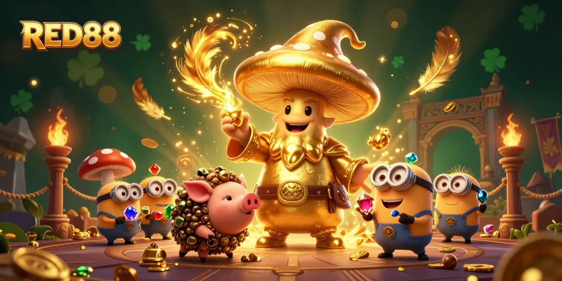 Engage with RED88's magical casino realm filled with treasure-seeking characters and vibrant gambling elements.