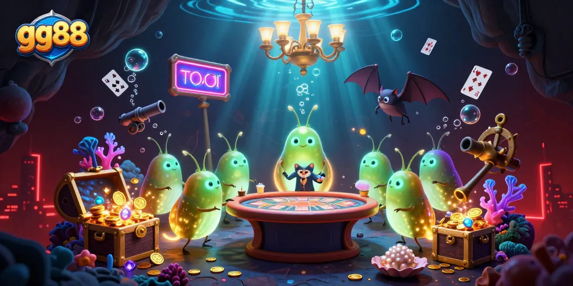 Engaging illustration of gg88's unique casino environment featuring glowing worm characters, underwater treasures, and a bat dealer.