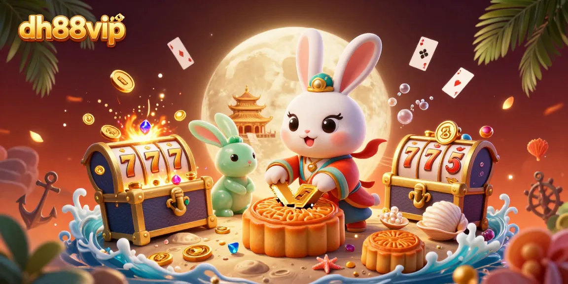 Win big with dh88vip through an engaging 3D scene featuring a lunar rabbit and gaming elements.