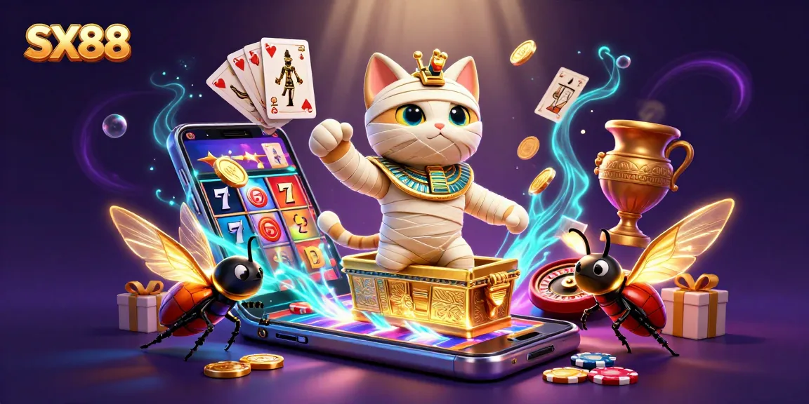 SX88 unveils a vibrant pyramid casino scene featuring a mummy cat, golden coins, and colorful slot games.